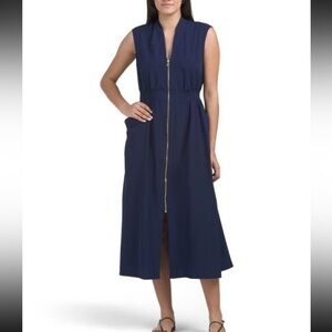 Anne Klein women’s 10 medium dress Navy blue Midi Gold Zipper pockets smocked